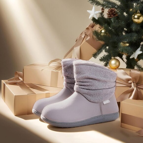 Women’s Chenille Knit Bootie Slippers, Memory Foam, Faux Fur, Suede House Shoes - Picture 6 of 6